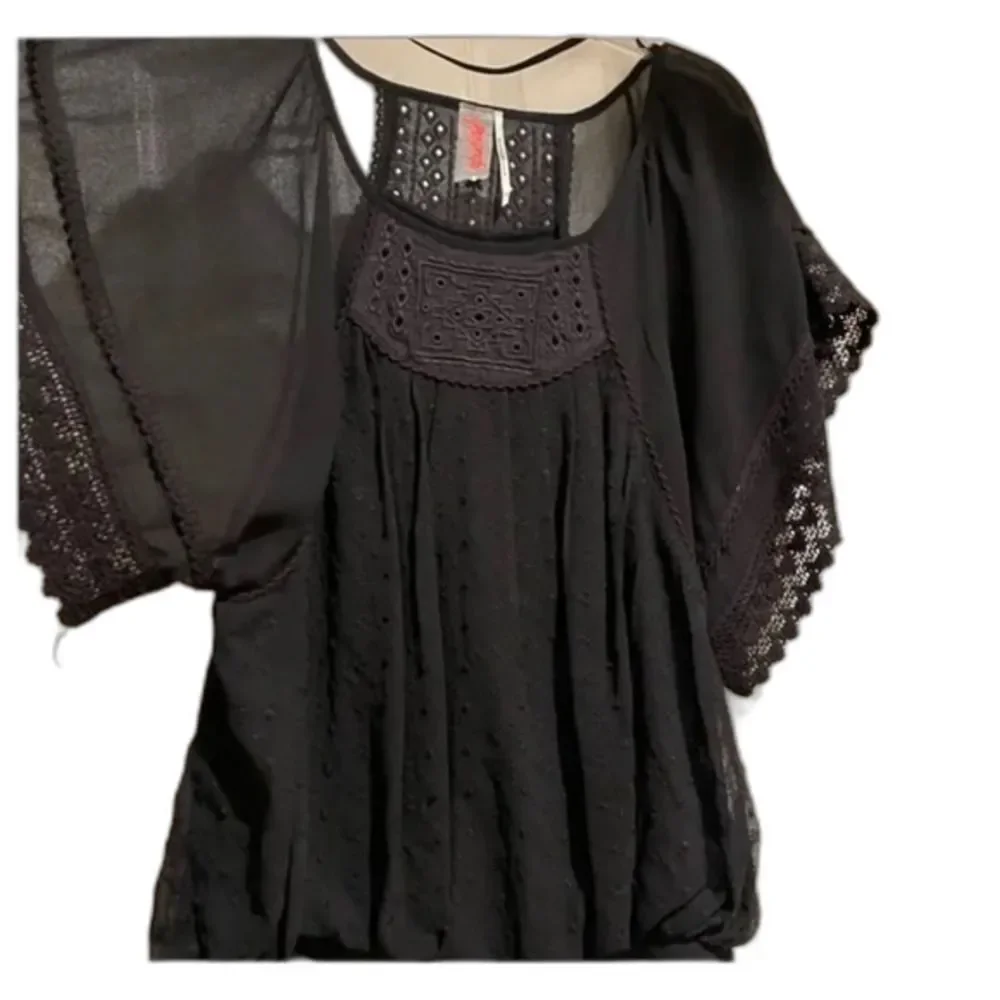 Free People Black Sheer Embroidered Lacy Short Batwing Sleeve Top Size S